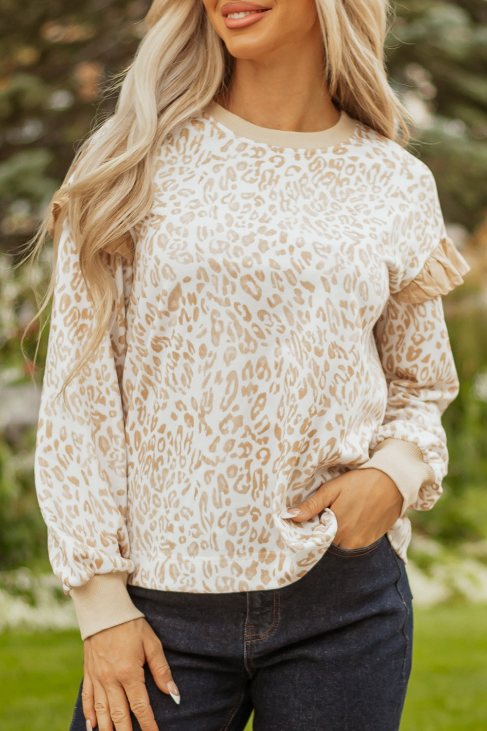 Khaki Plus Size Ruffled Arm Leopard Sweatshirt