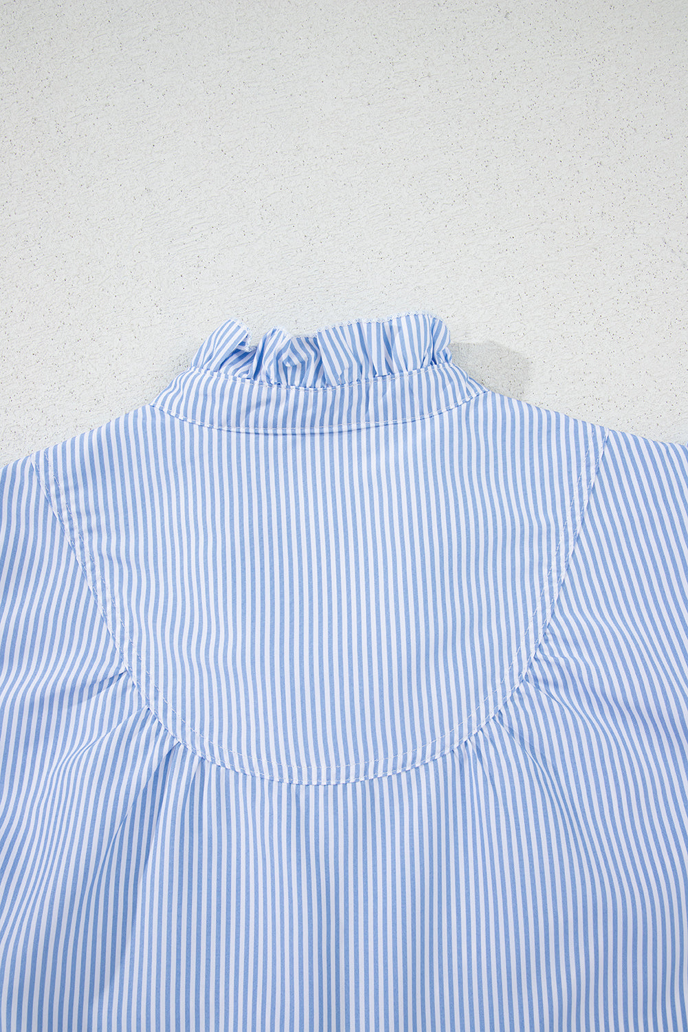 Sky Blue Stripe Ruffled Collar Puff Sleeve Half Buttons Blouse