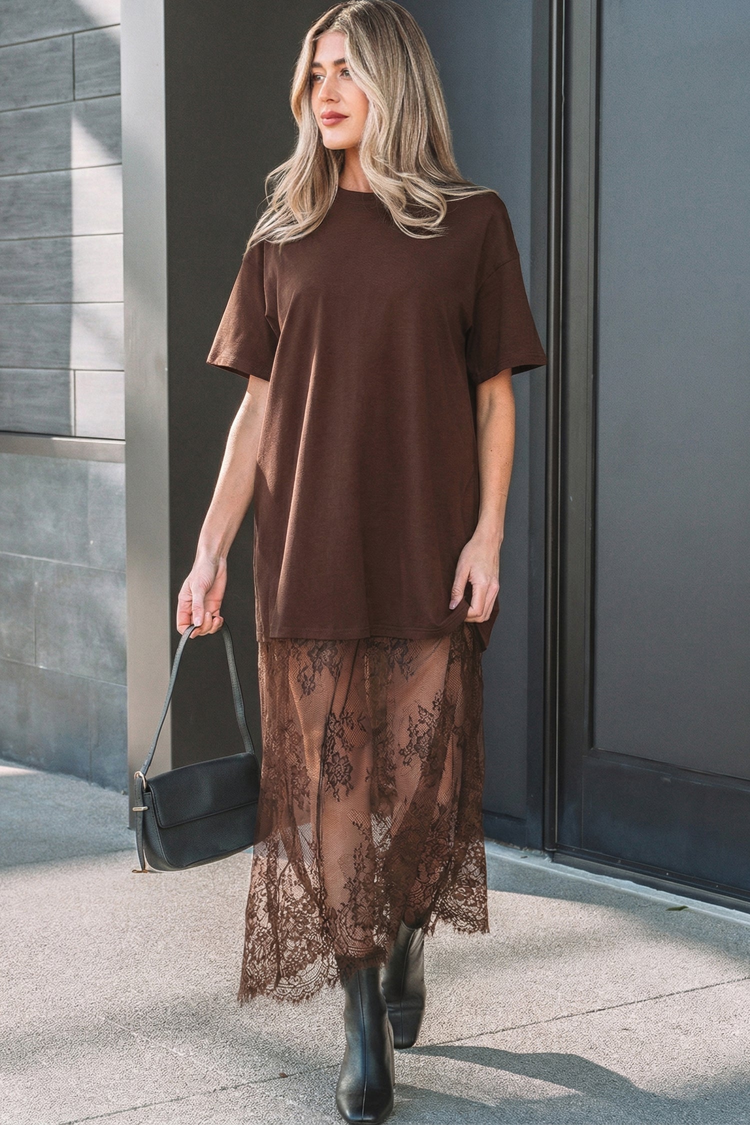 Red Sandalwood Floral Patchwork Short Sleeve T Shirt Loose Maxi Dress