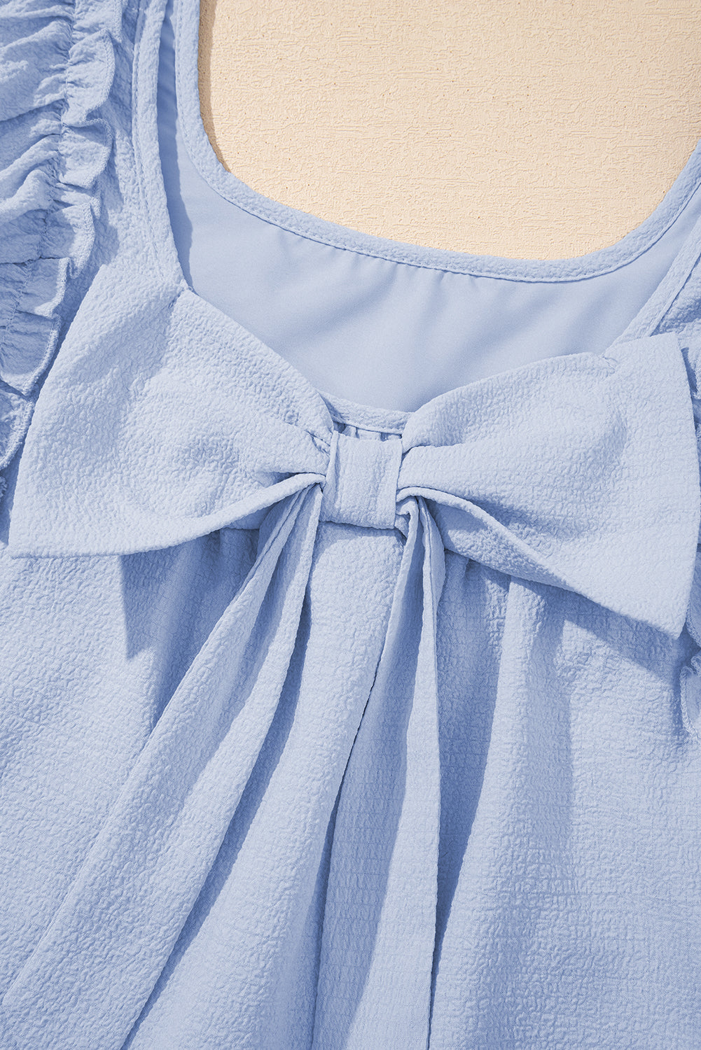 Beau Blue Textured Bow Knot Frilled Butterfly Sleeve Blouse