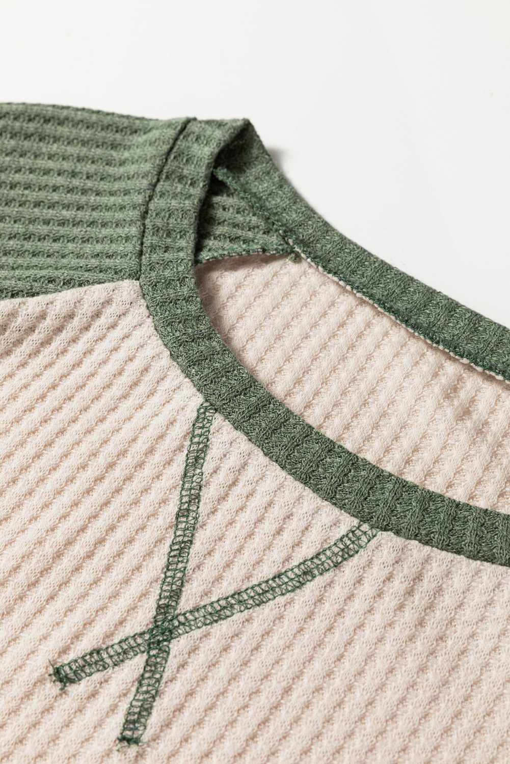 Mist Green Plus Size Waffled Color Block Long Sleeve Top