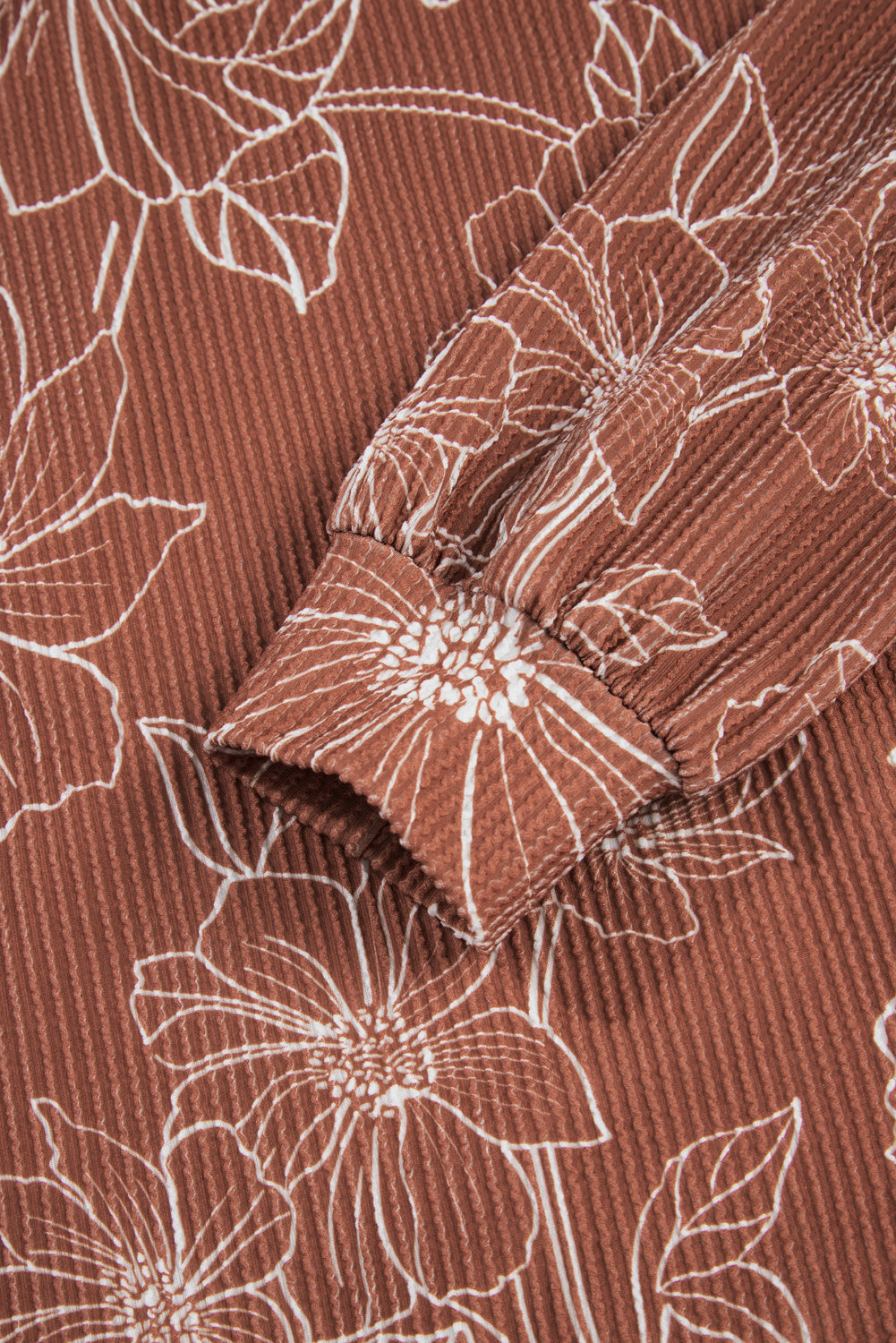 Brown Floral Twisted Rib Drawstring Kangaroo Pocket Hoodie