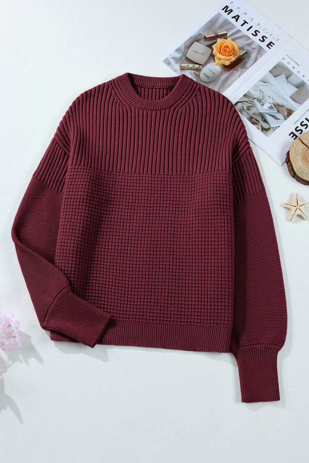 Vineyard Green Solid Color Mixed Textured Knitted Crew Neck Sweater