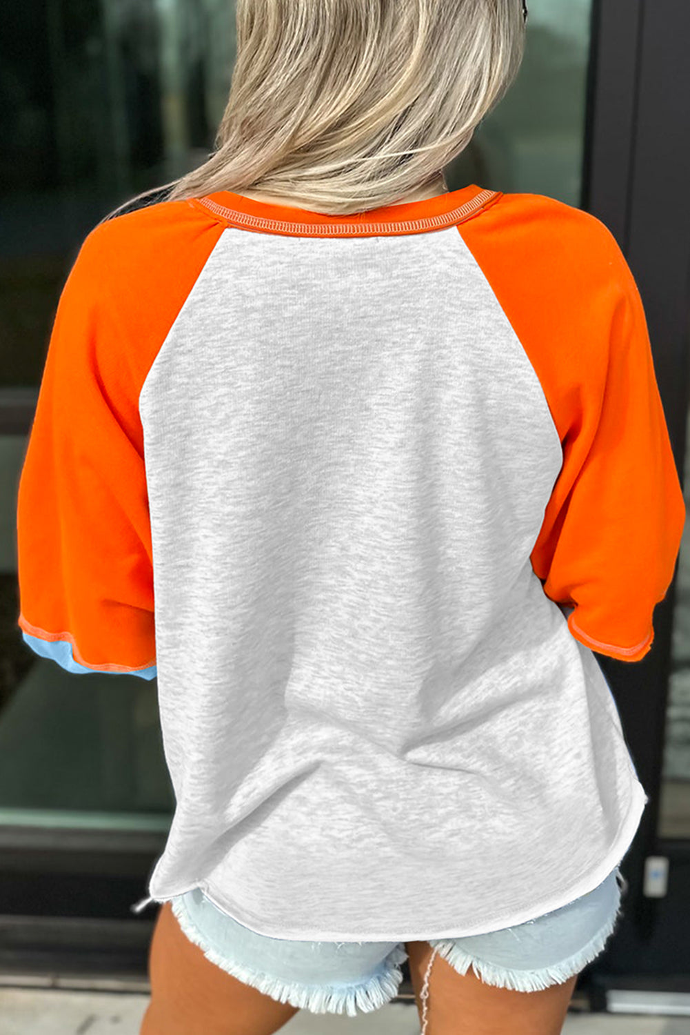 Light Grey Color Block Raglan Sleeve Contrast Stitching Loose Fit Top