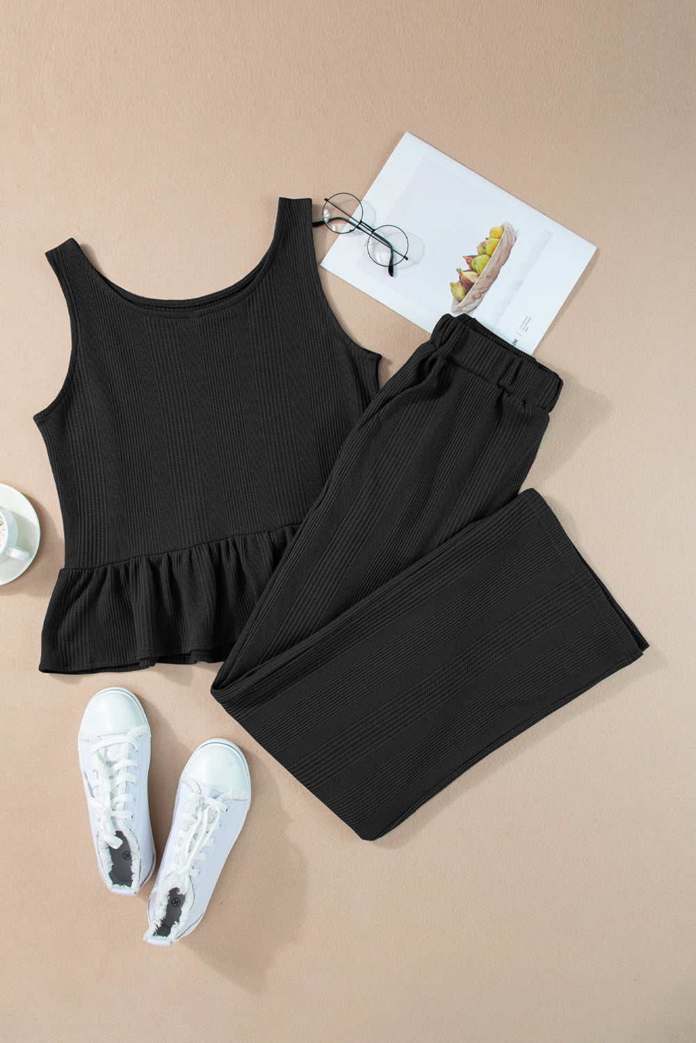 Beau Blue Solid Color Ribbed Ruffle Tank Top and Pants Set