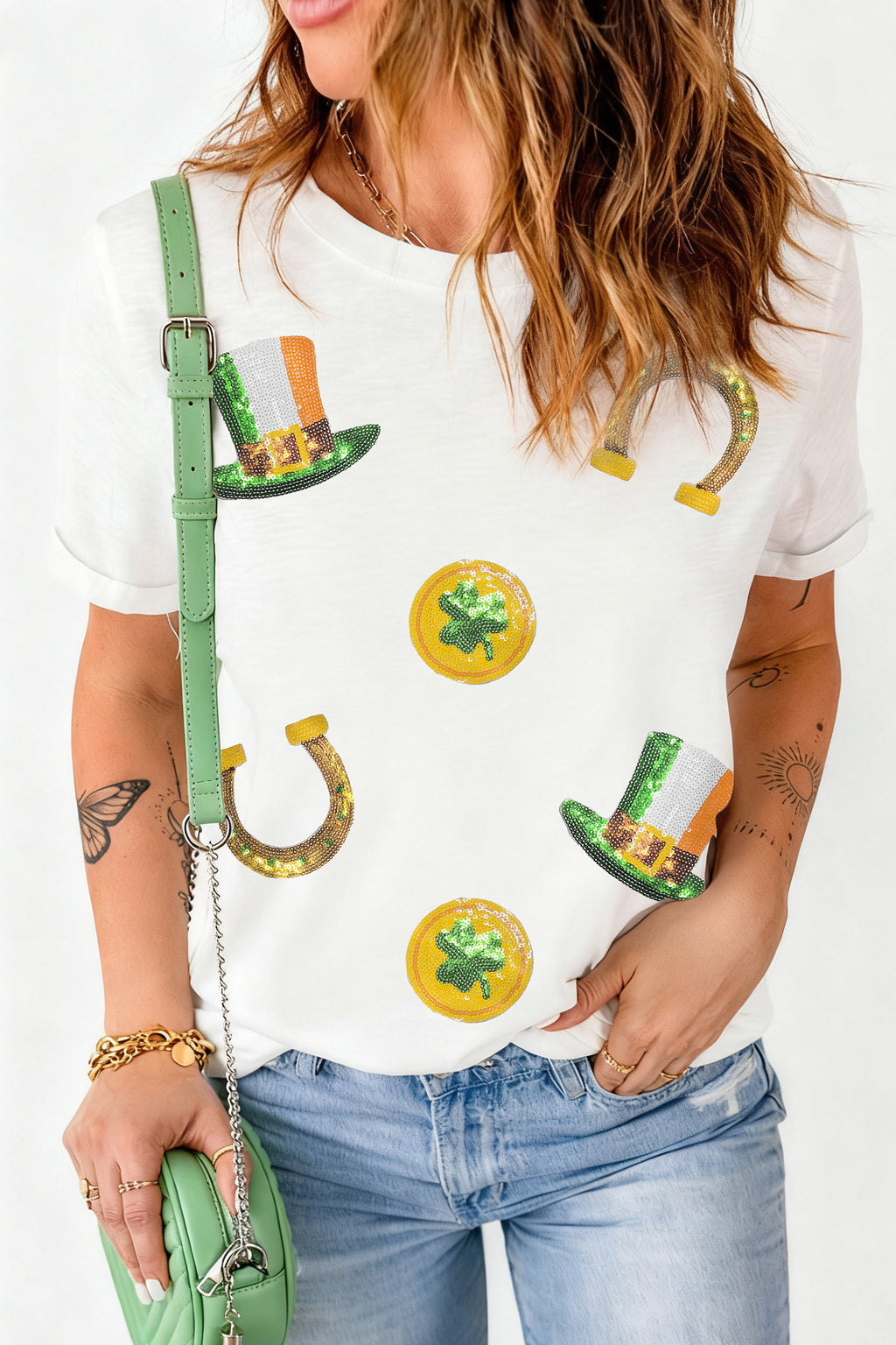 White St Patricks Day Sequin Graphic Casual T Shirt