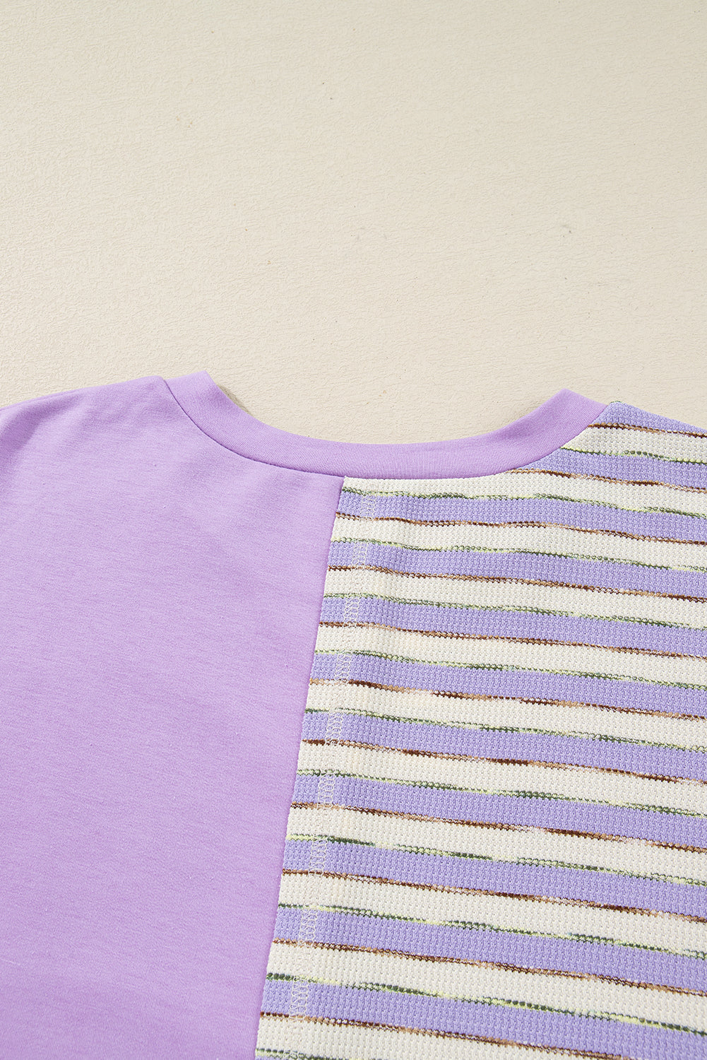 Khaki Stripe Stitched Detail Color Block Patchwork Oversized Pullover Top