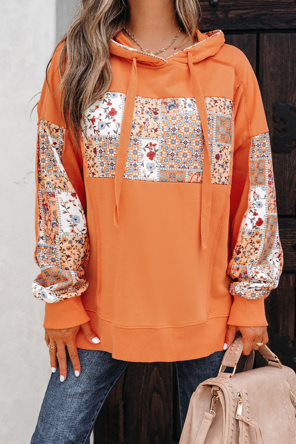 Delicacy Mix Floral Patchwork Side Slit Drawstring Hoodie