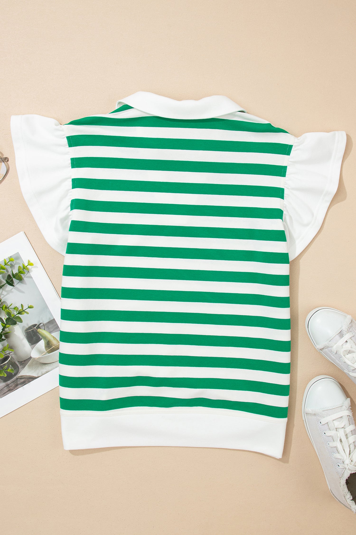Pink Stripe Collar V Neck Ruffled Short Sleeve Blouse