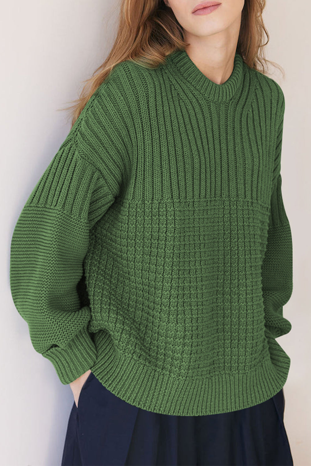 Vineyard Green Solid Color Mixed Textured Knitted Crew Neck Sweater