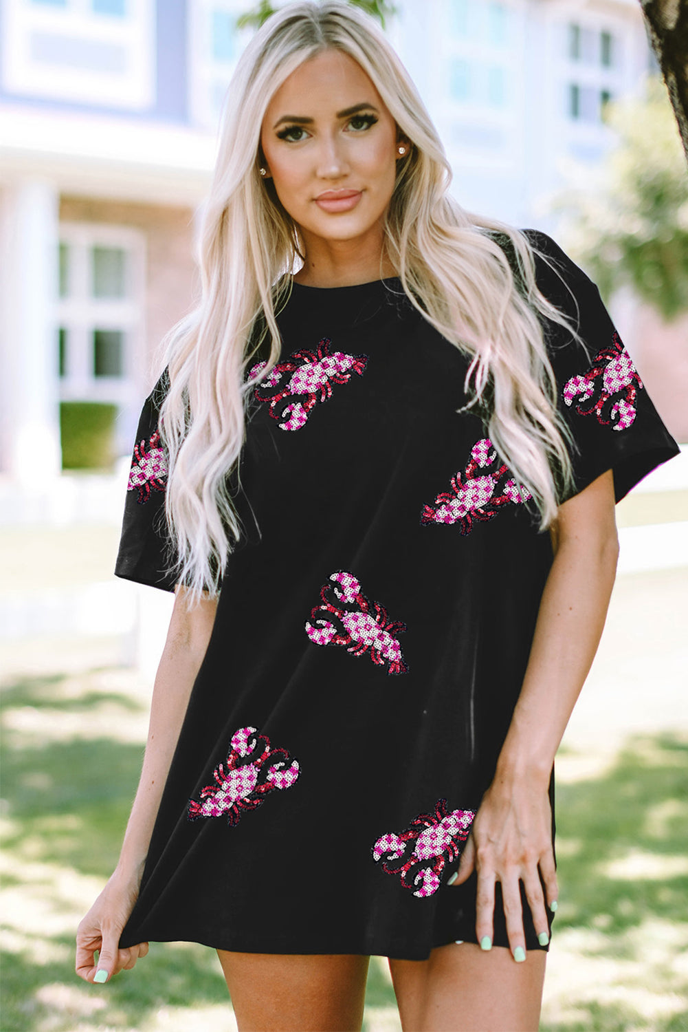 Black Sequin Crawfish Patched Crew Neck Tee