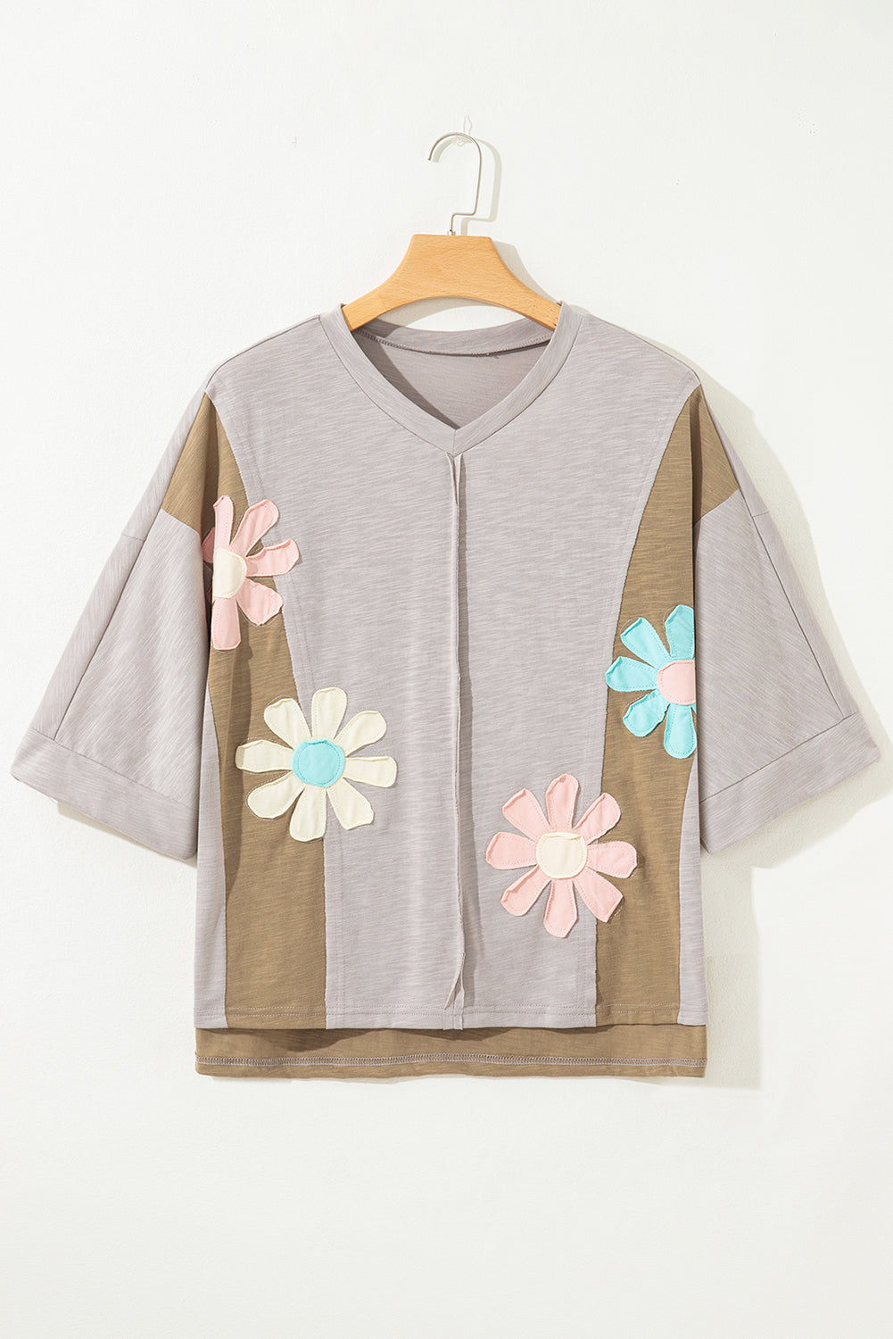 Light Blue Flower Patched Exposed Seam Bracelet Sleeve Oversized T Shirt