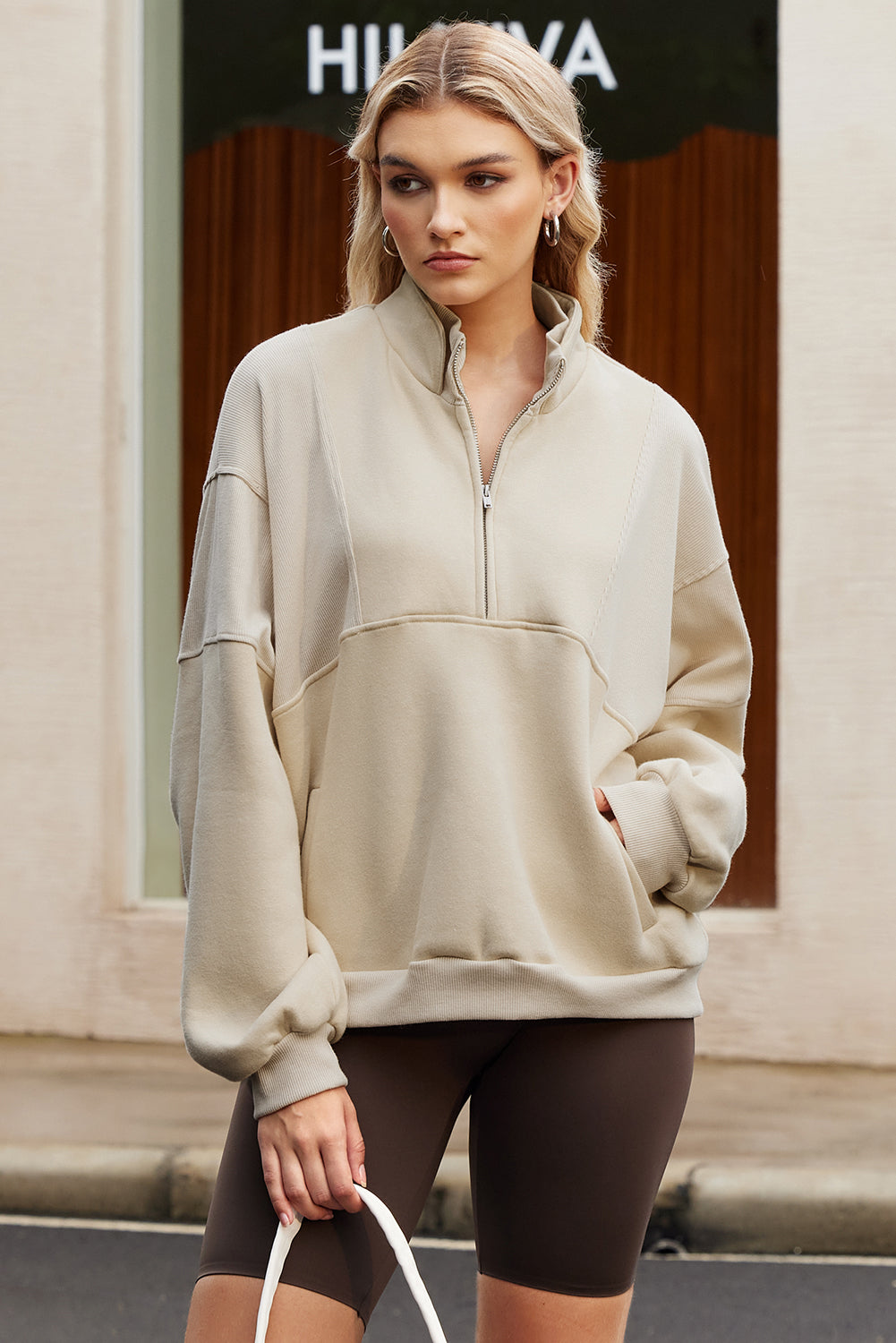 Black Half Zip Stand Collar Exposed Seam Solid Color Casual Sweatshirt
