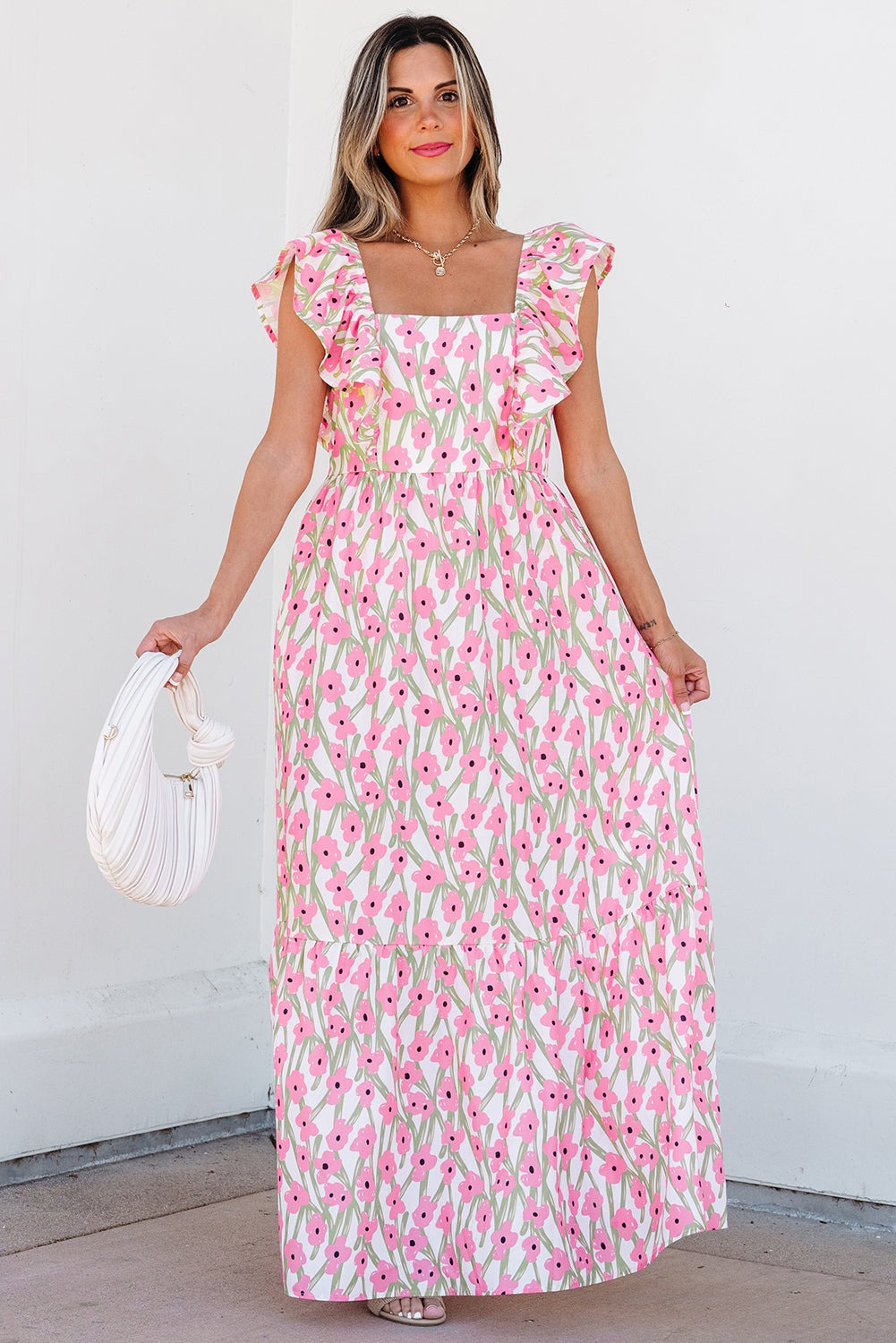Blue Floral Print Square Neck Ruffled Strap Maxi Dress