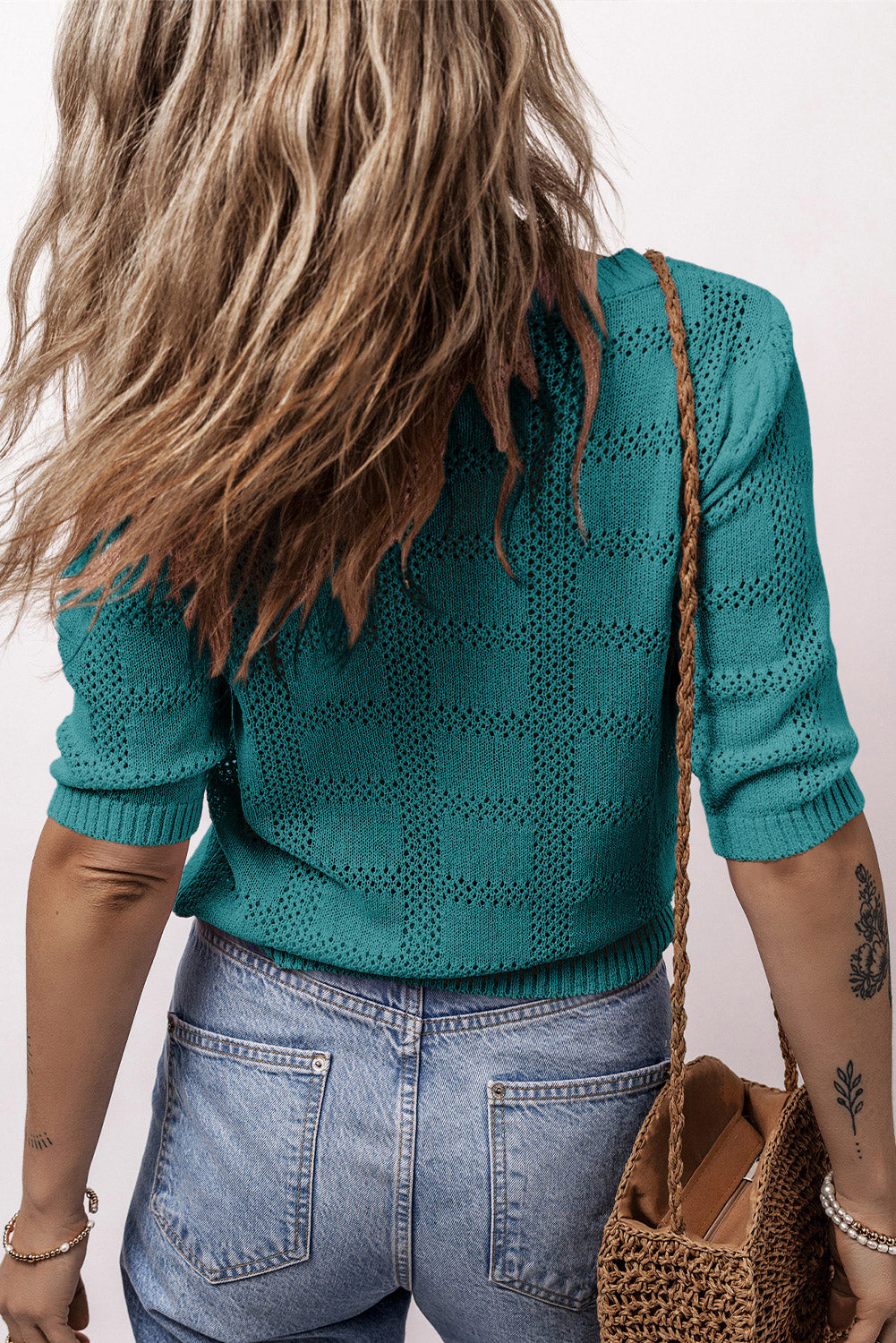 White Plaid Pattern Crochet Knit Short Sleeve Sweater