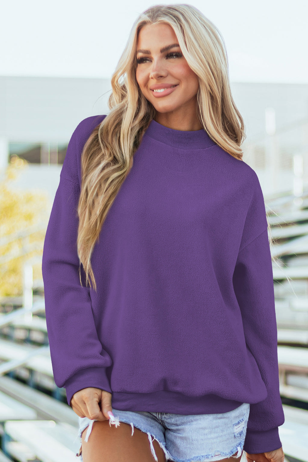 Bright Pink Oversize Blessed Embroidered Mock Neck Sweatshirt