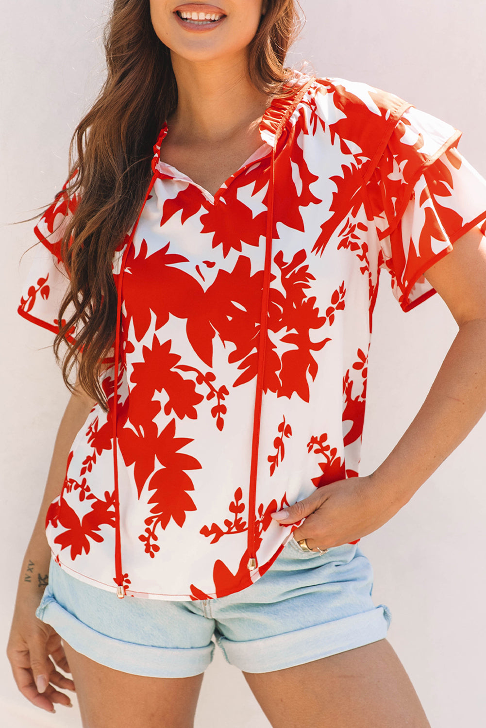 Red Floral Print Trimmed V Neck Ruffle Sleeve Long Dress