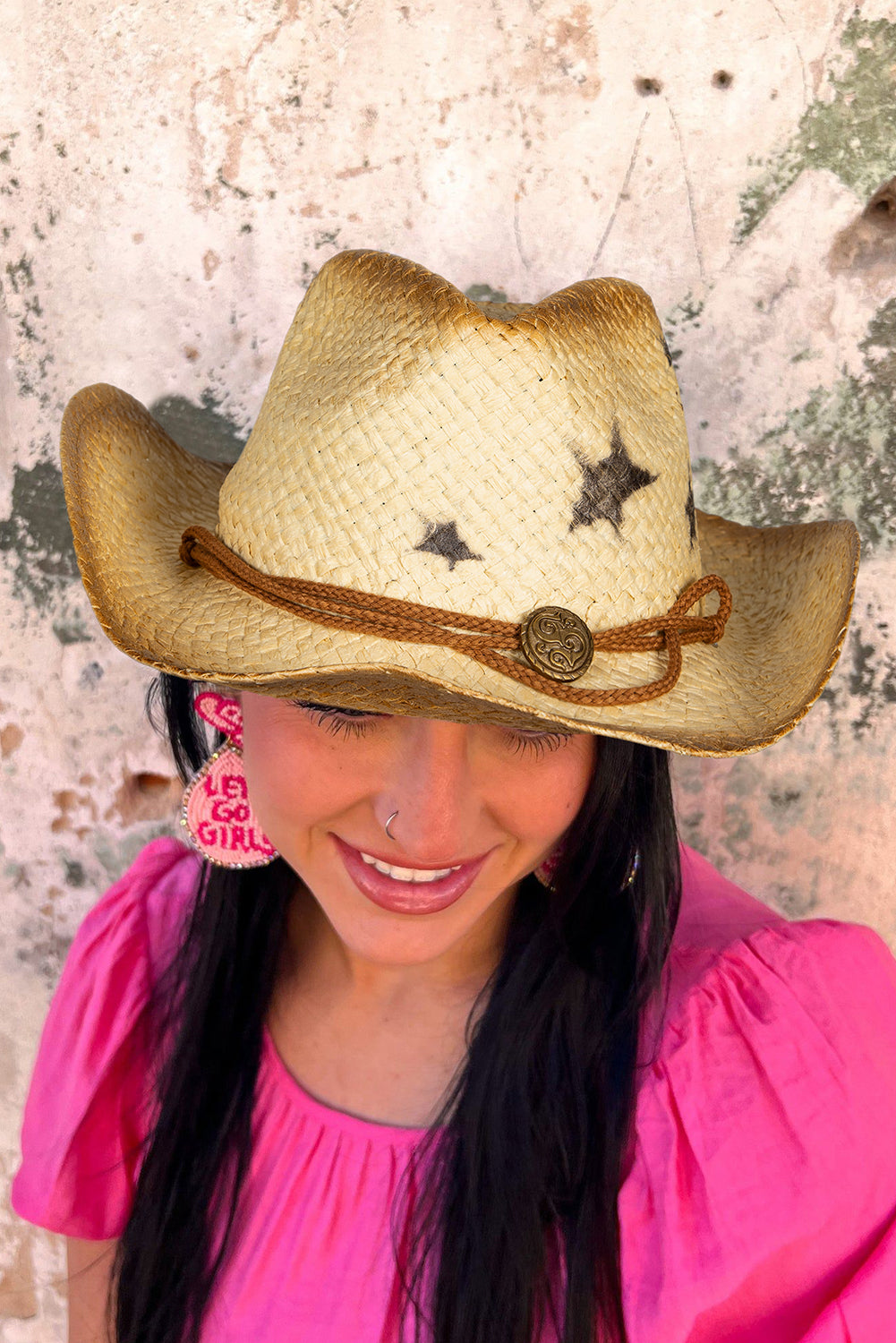 Khaki Vintage Star Shape Woven Wide Brim Buckle Hat