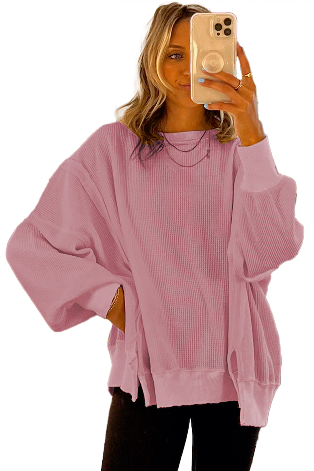 White Waffle knit Bishop Sleeve Split Oversized Top