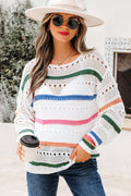 White Color Block Striped Pointelle Knit Sweater