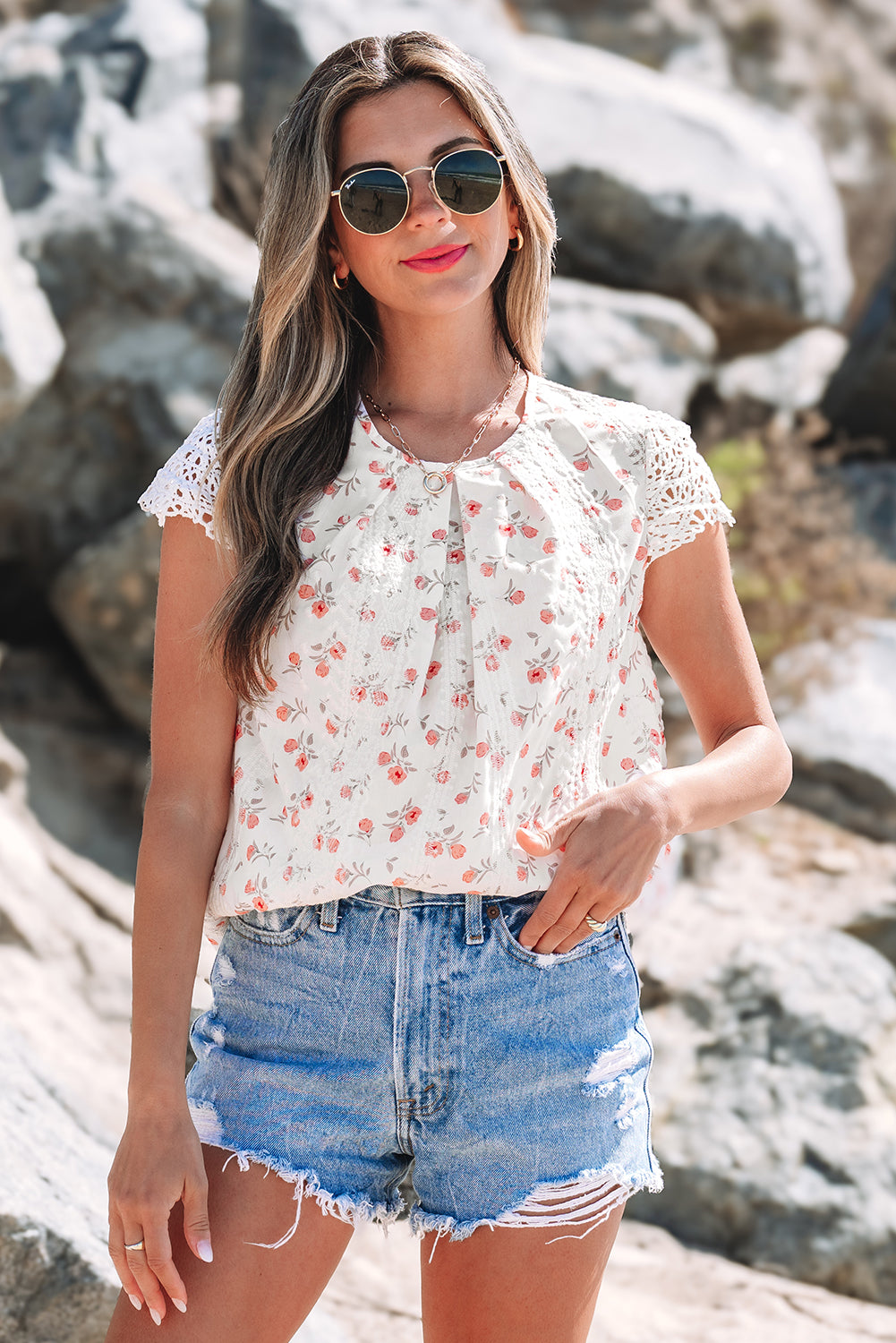 White Floral Eyelet Embroidered Puff Sleeve Notch V Neck Blouse