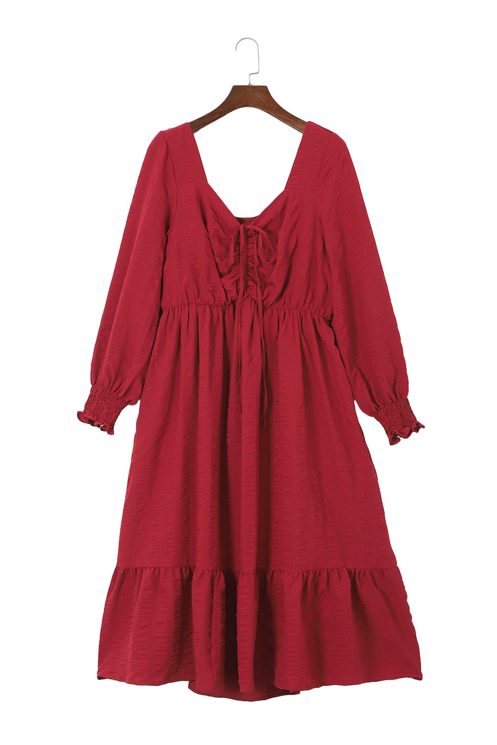 Black Lace-up Ruched Front Long Sleeve Ruffle Hem Plus Size Midi Dress