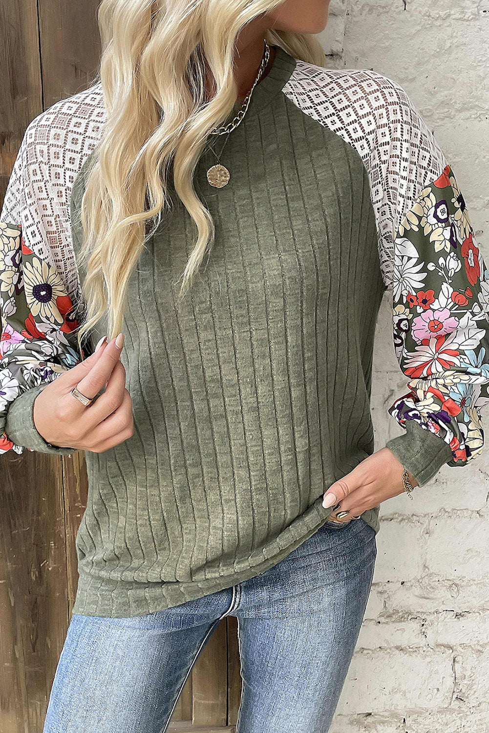 Vineyard Green Plus Size Textured Floral Patchwork Raglan Sleeve Blouse