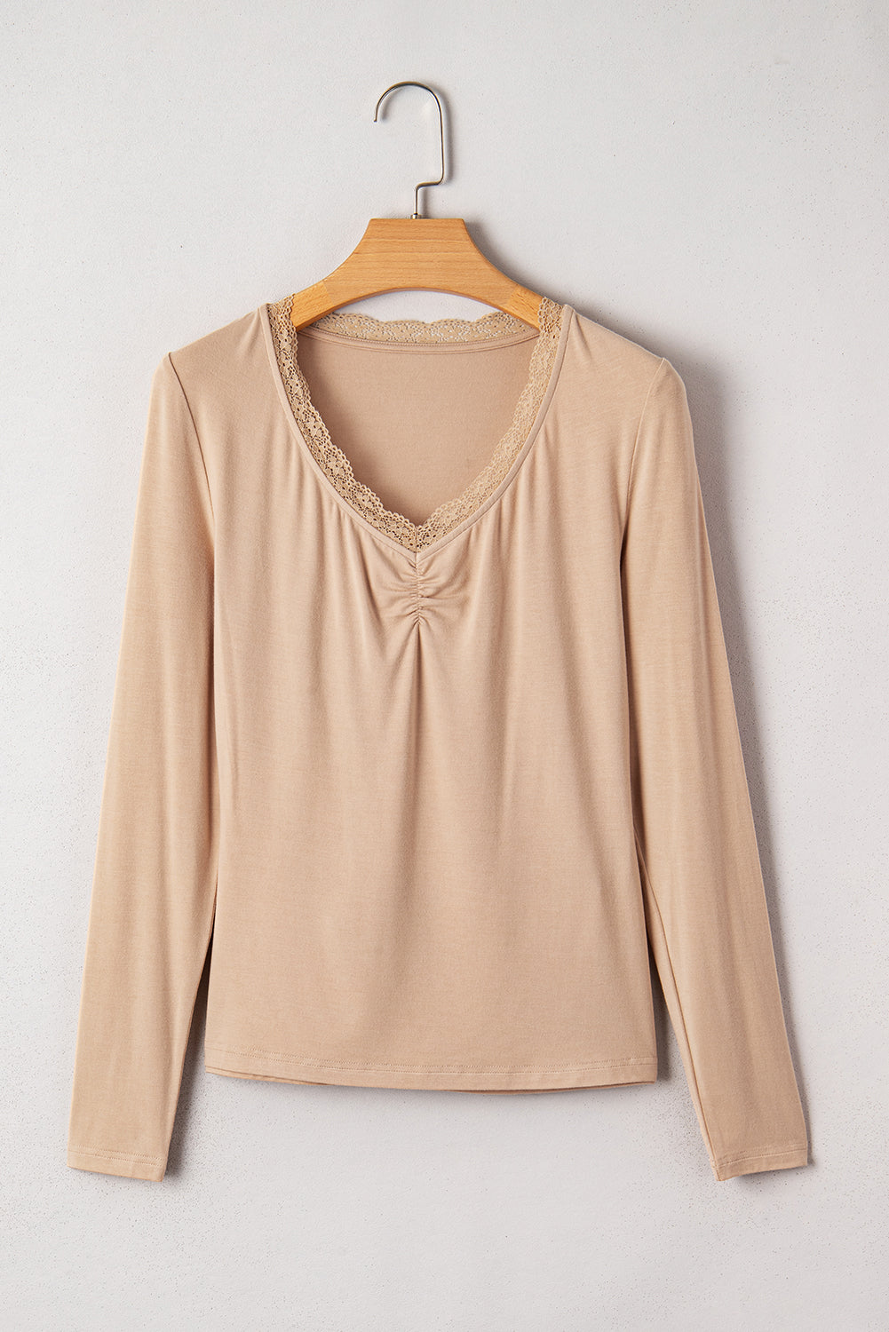 Red Dahlia Lace-trimmed Sweetheart Neckline Ruched Detail Long Sleeve T-shirt