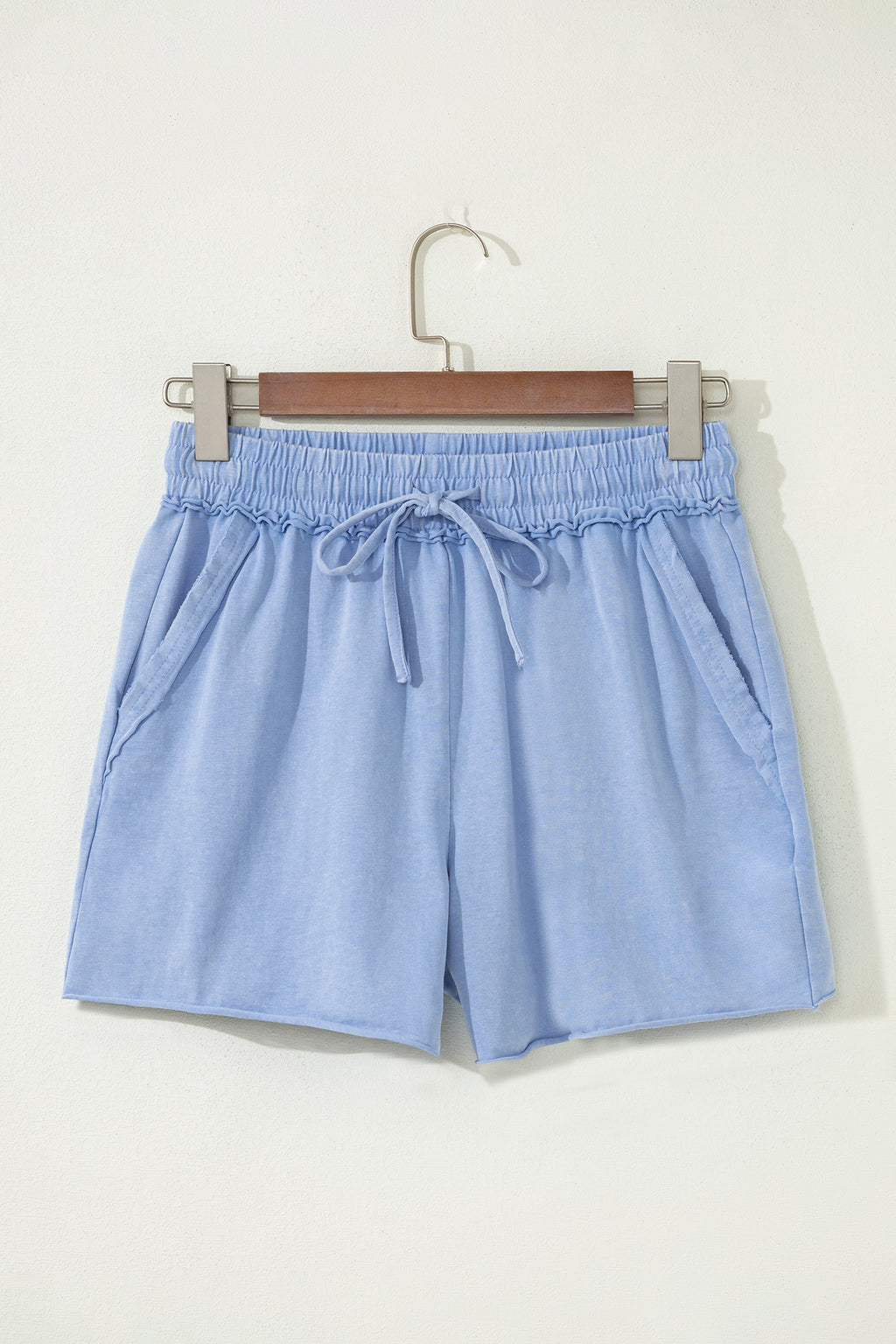 Rose Red Mineral Washed Drawstring Elastic Waist Raw Cut Shorts