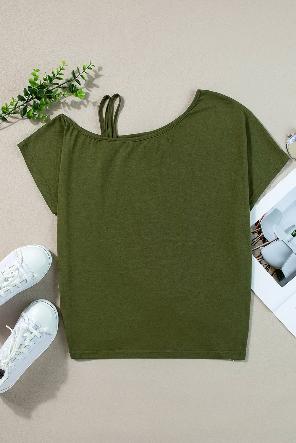 Fern Green Asymmetric Shoulder Color Block Twist Detail Loose Top