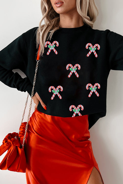 Black Candy Cane Patched Christmas Holiday Sweatshirt