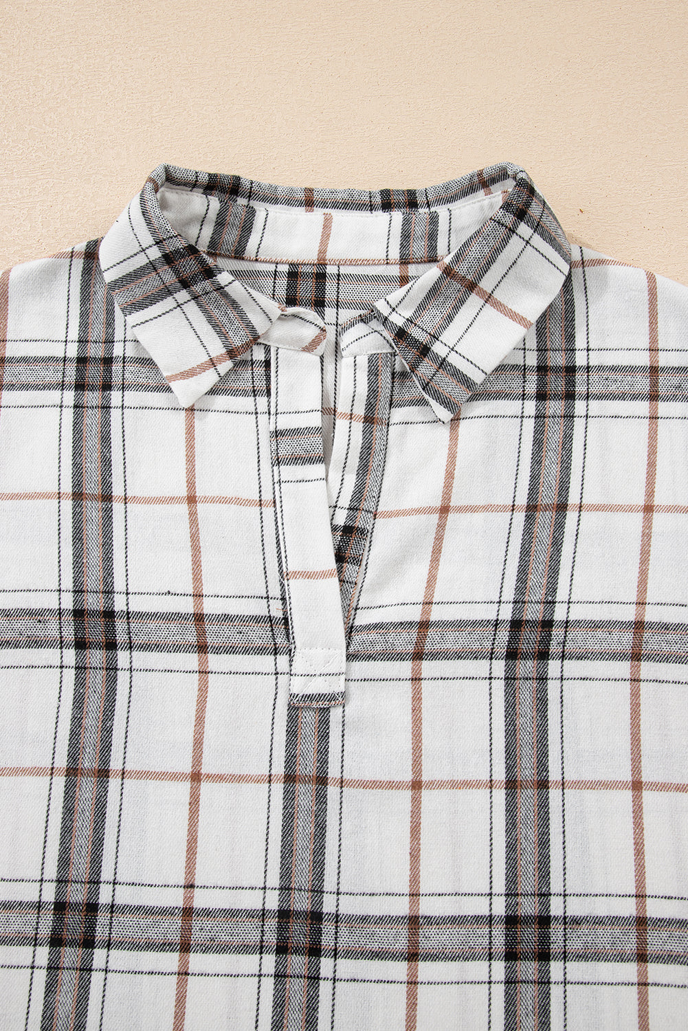 Red Plaid Print Collared V Neck Loose Blouse with Side Slits