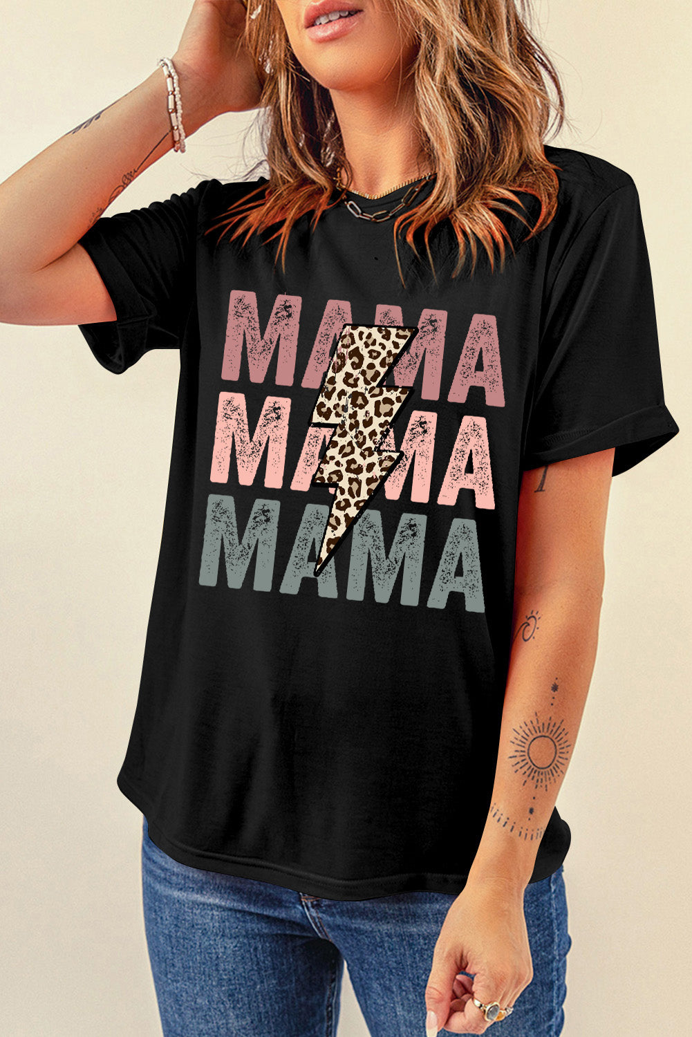White MAMA Floral Block Graphic Casual T Shirt