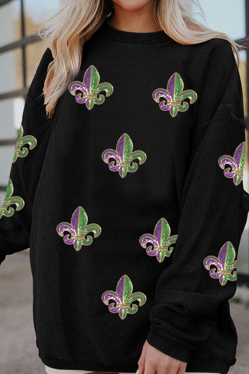 Black Corded Ribbed Sequin Fleur De Lis Graphic Pullover Sweatshirt