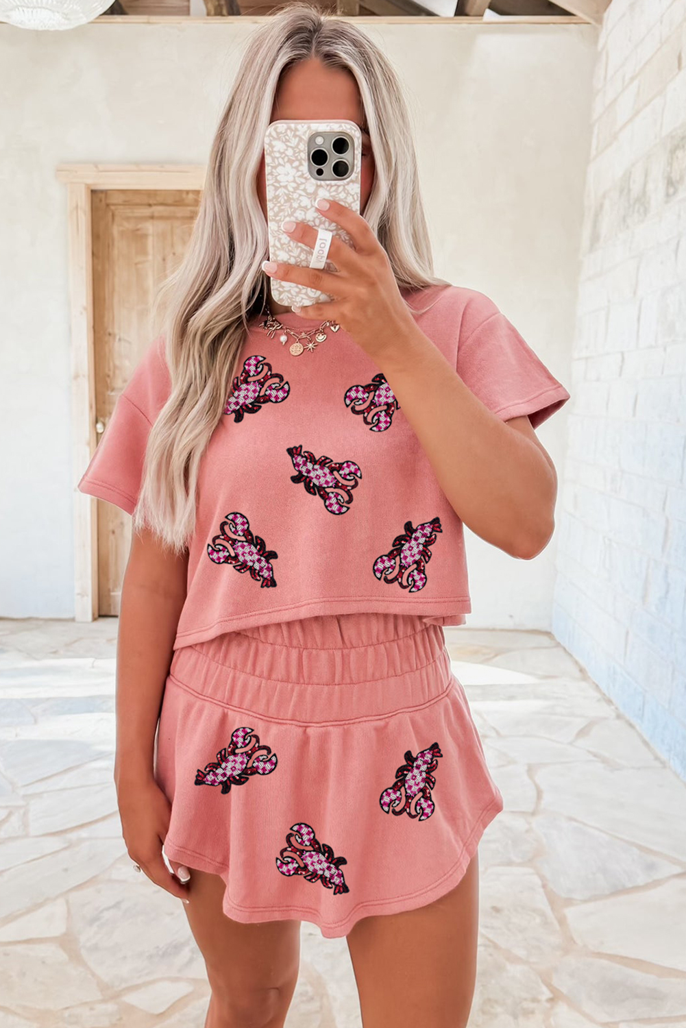 Blossom Sequined Lobster Patched Crop Tee and High Waist Short Set