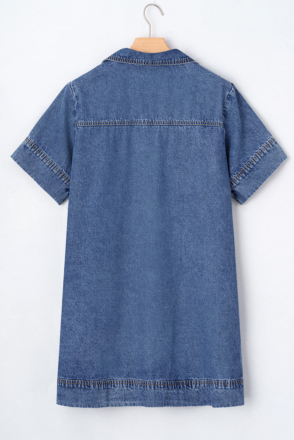 Beau Blue Short Sleeve Collared Patched Pocket Denim Mini Dress