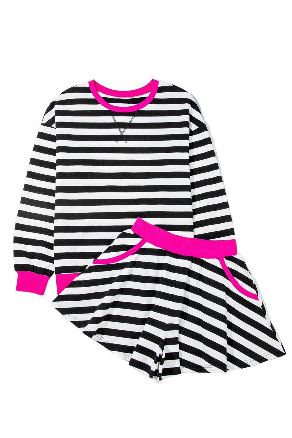 Black Stripe Color Block Edge Pullover and Shorts PLus Size Set