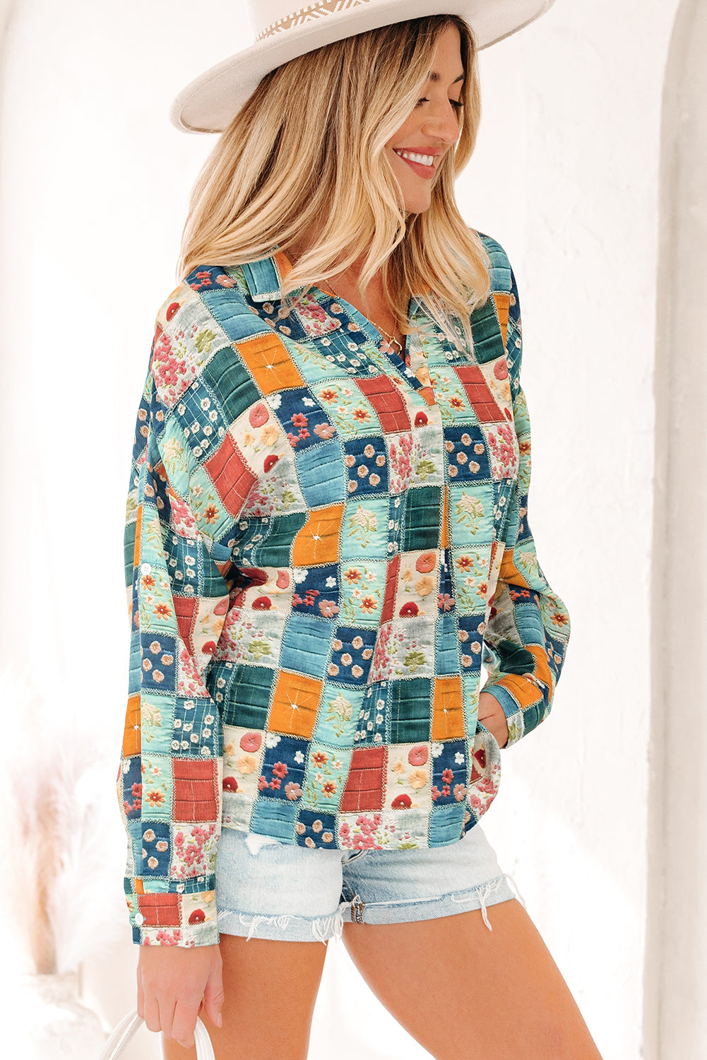Sky Blue Mix Floral Checkered Pattern Bubble Sleeve Ruffle Hem Dress