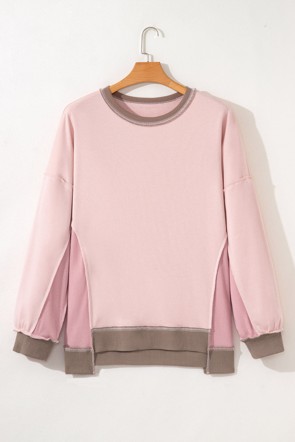 Light Pink Color Block Mix Texture Waffle Patchwork Oversize Sweatshirt