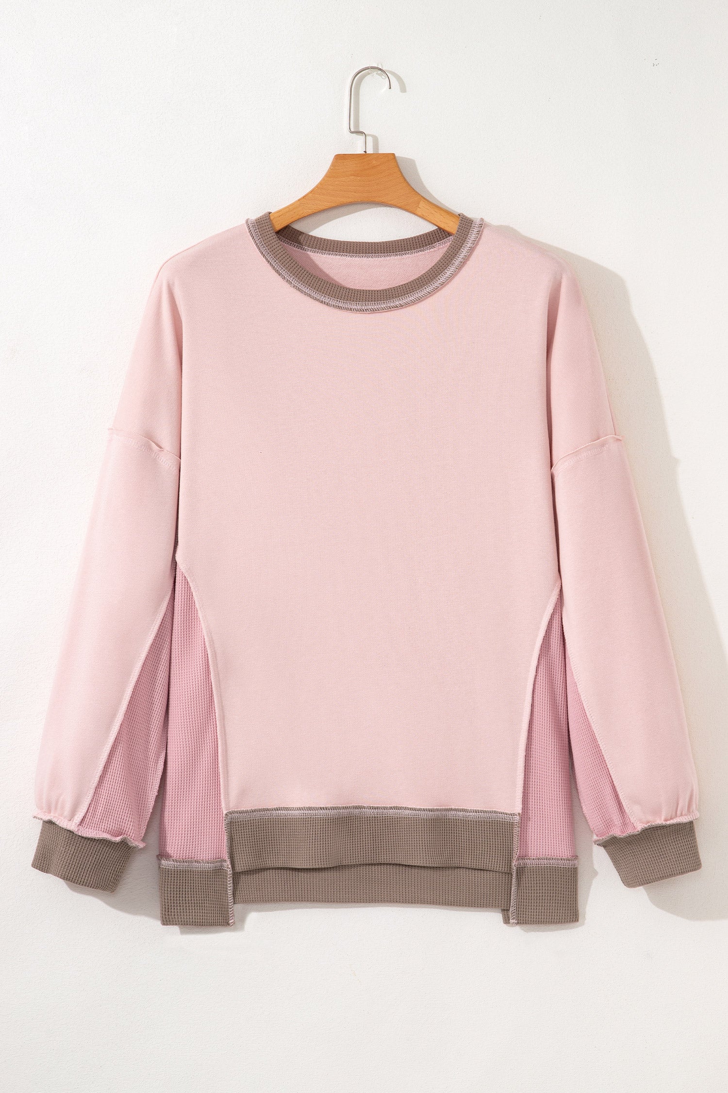 Light Pink Color Block Mix Texture Waffle Patchwork Oversize Sweatshirt