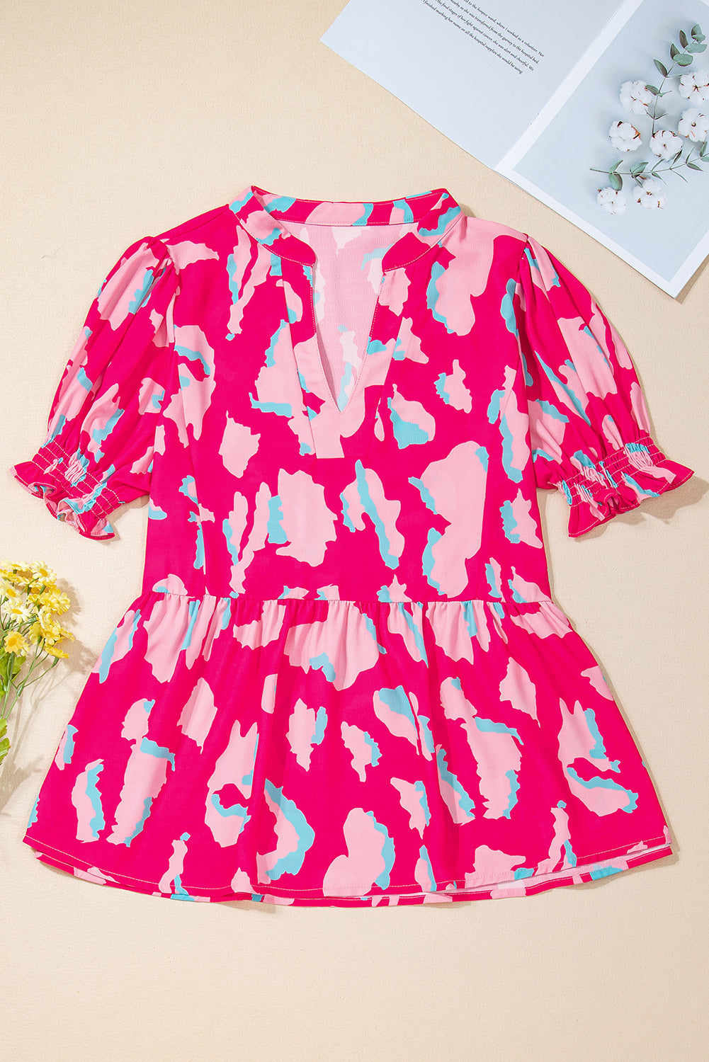 Pink Abstract Printed Puff Short Sleeve Tiered Loose Dress