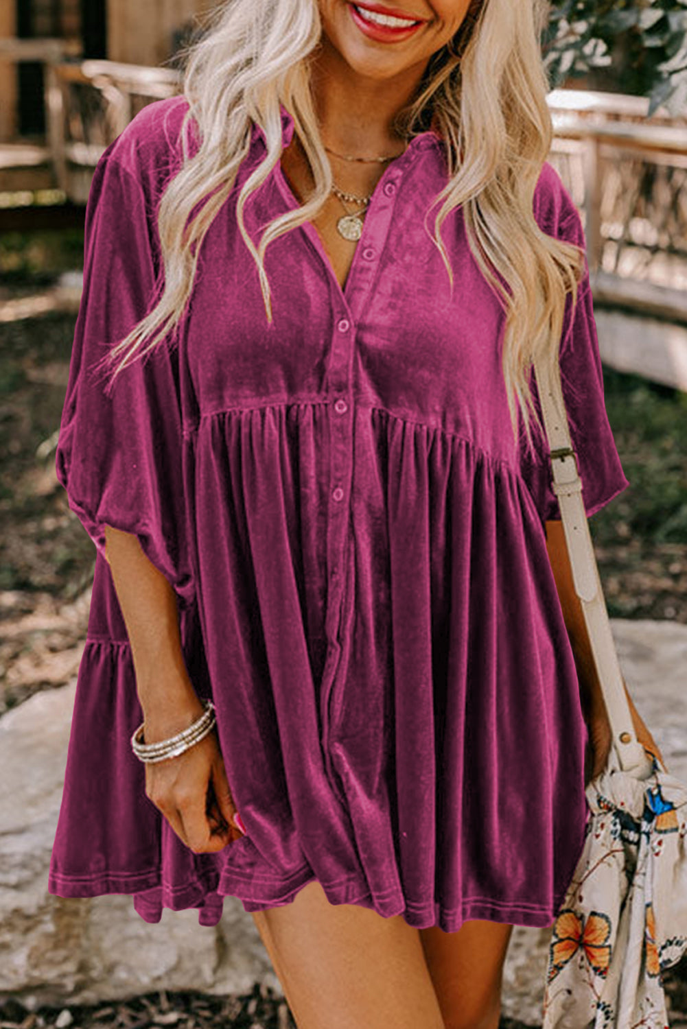 Burgundy 3/4 Sleeve Tunic Babydoll Velvet Shirt