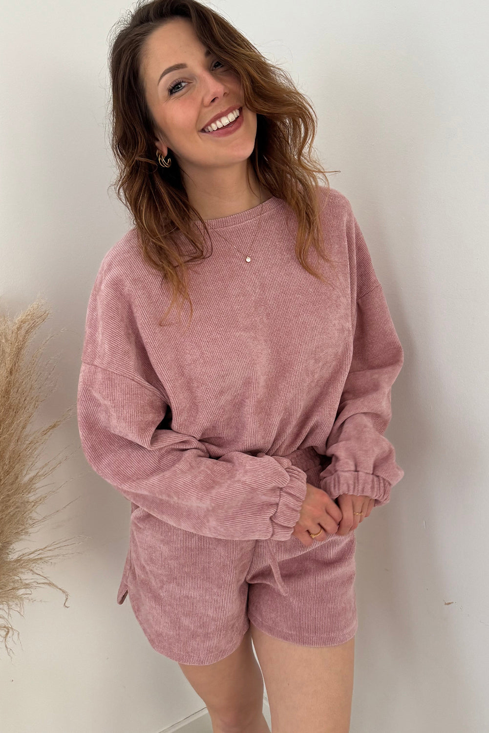 Jet Stream Solid Color Textured Knit Drop Shoulder Pullover Drawstring Shorts Set