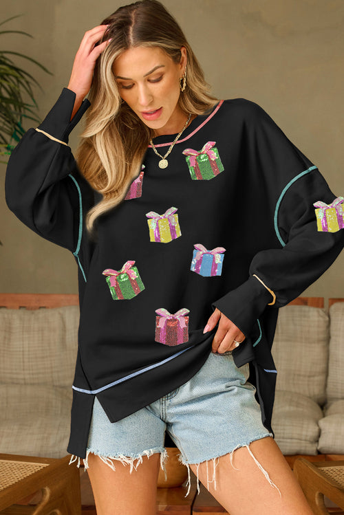 Black Contrast Trim Sequin Patched Christmas Gift Baggy Sweatshirt