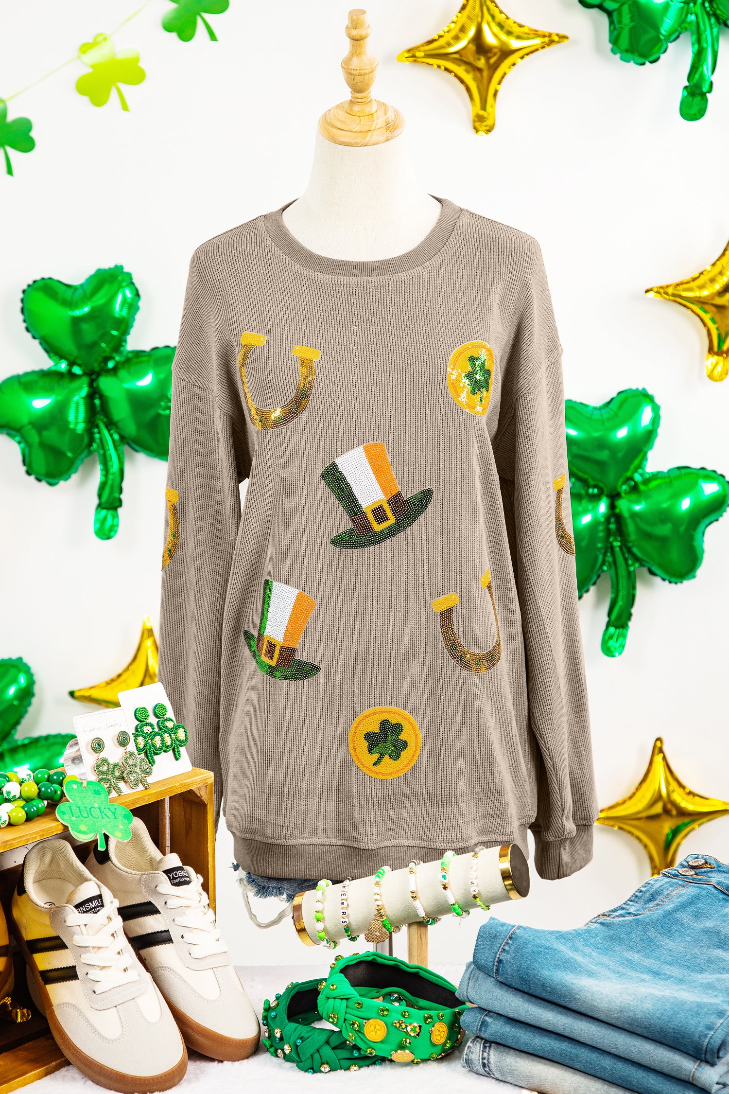 Khaki Sequin Horseshoe Mardi Gras Graphic Corded Ribbed Baggy Sweatshirt