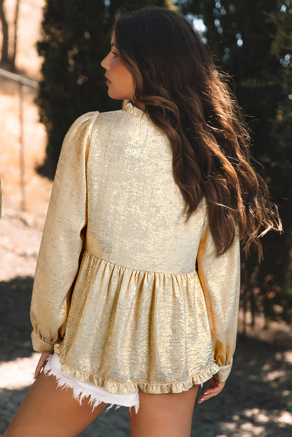Dearlovers Gold Metallic Frilled V Neck Puff Sleeve Babydoll Blouse