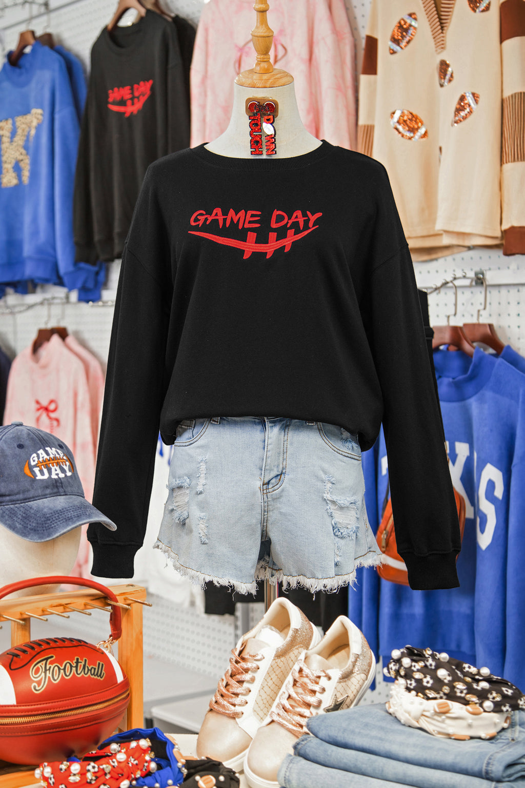 Black GAME DAY Embroidered Graphic Casual Pullover Sweatshirt