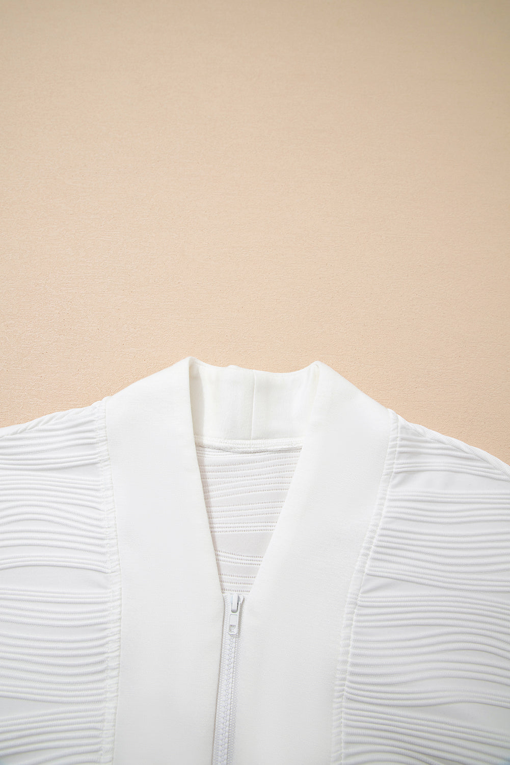 Parchment Solid Color Textured Zip V Neck Pullover Sweatshirt