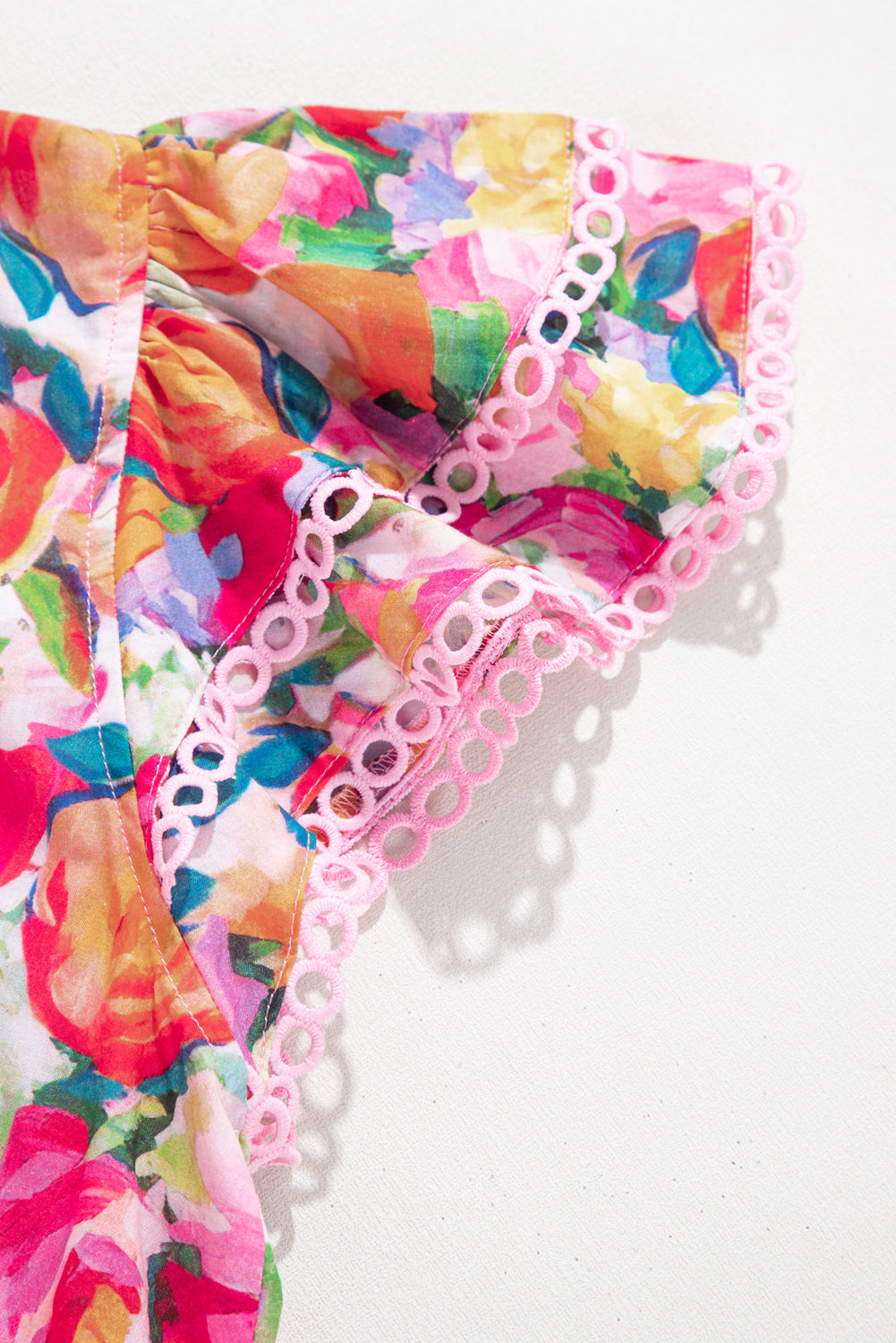 Multicolour Lace Trim Ruffle Short Sleeve Floral Blouse