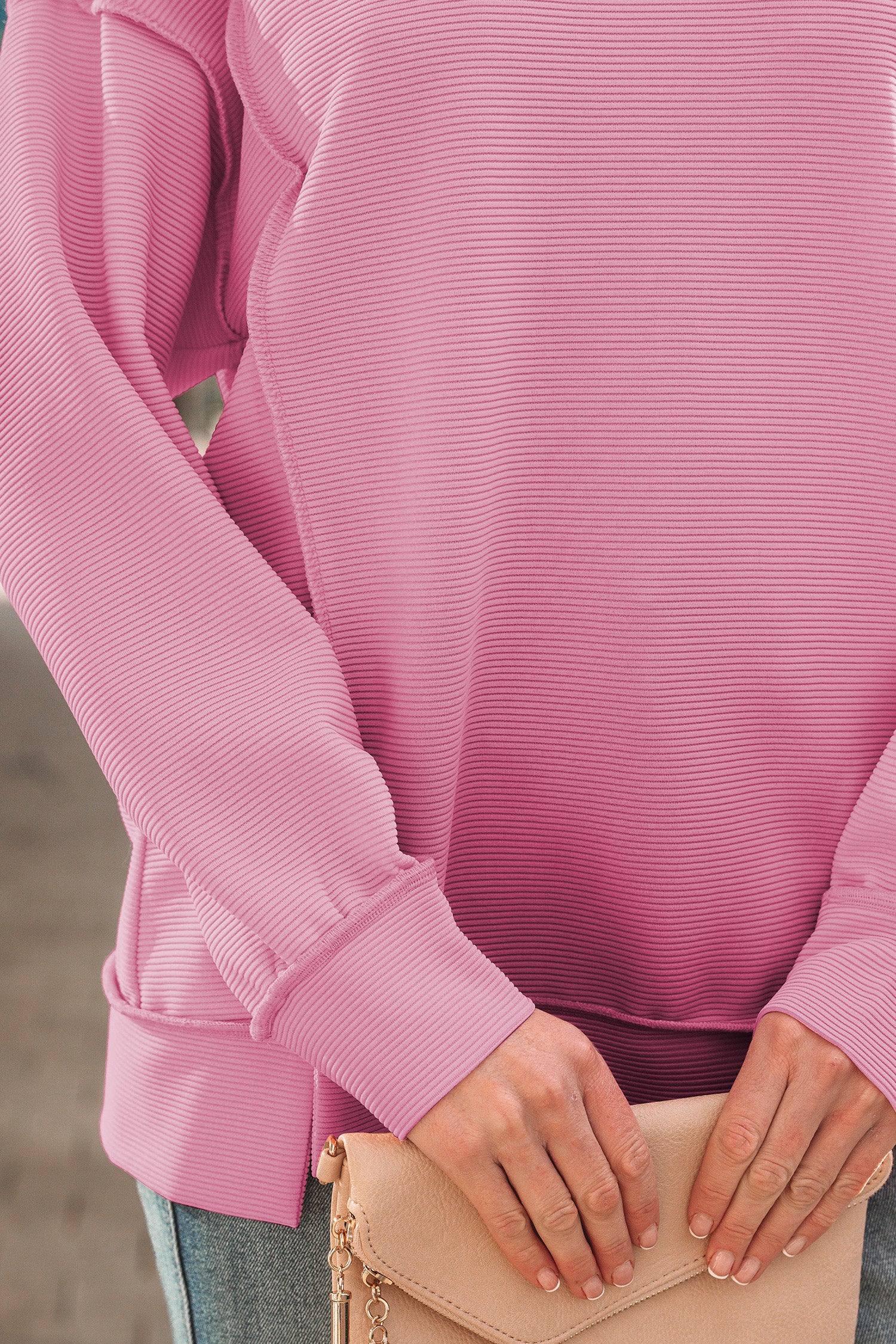 Lavendula Horizontal Ribbed Exposed Seam Detail Drop Shoulder Baggy Pullover